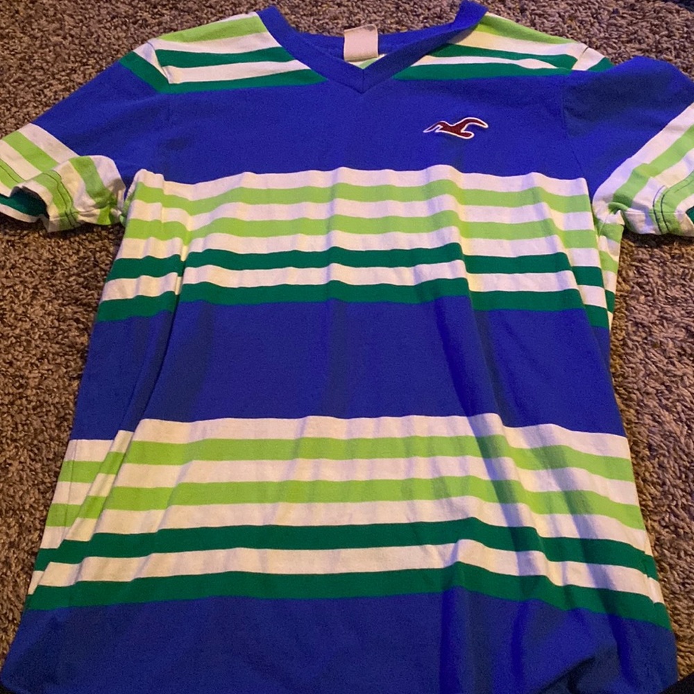 blue and green striped hollister t-shirt